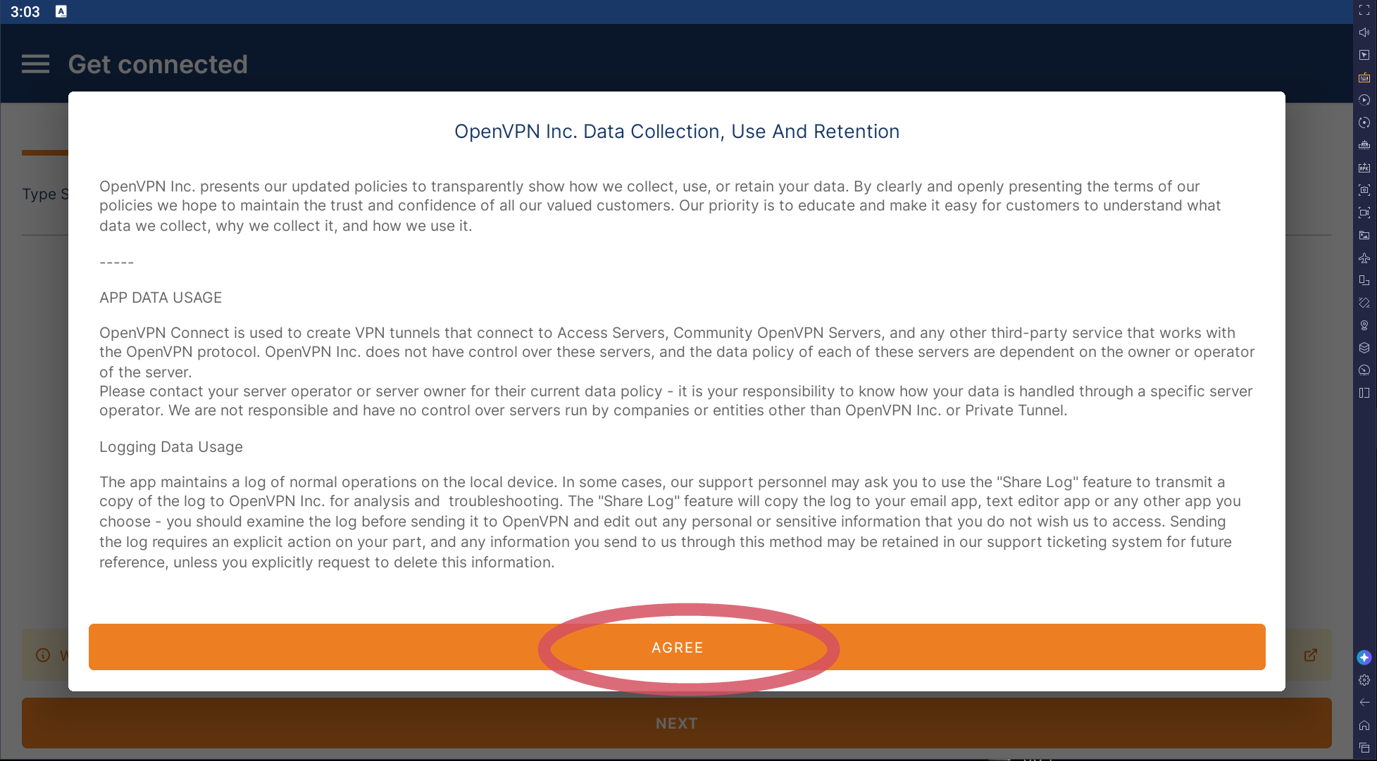 OpenVPN 데이터 정책 화면에서 AGREE