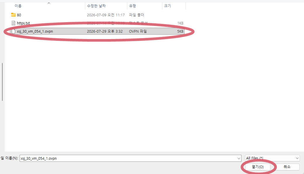 윈도우 파일 창에서 .ovpn 파일 선택